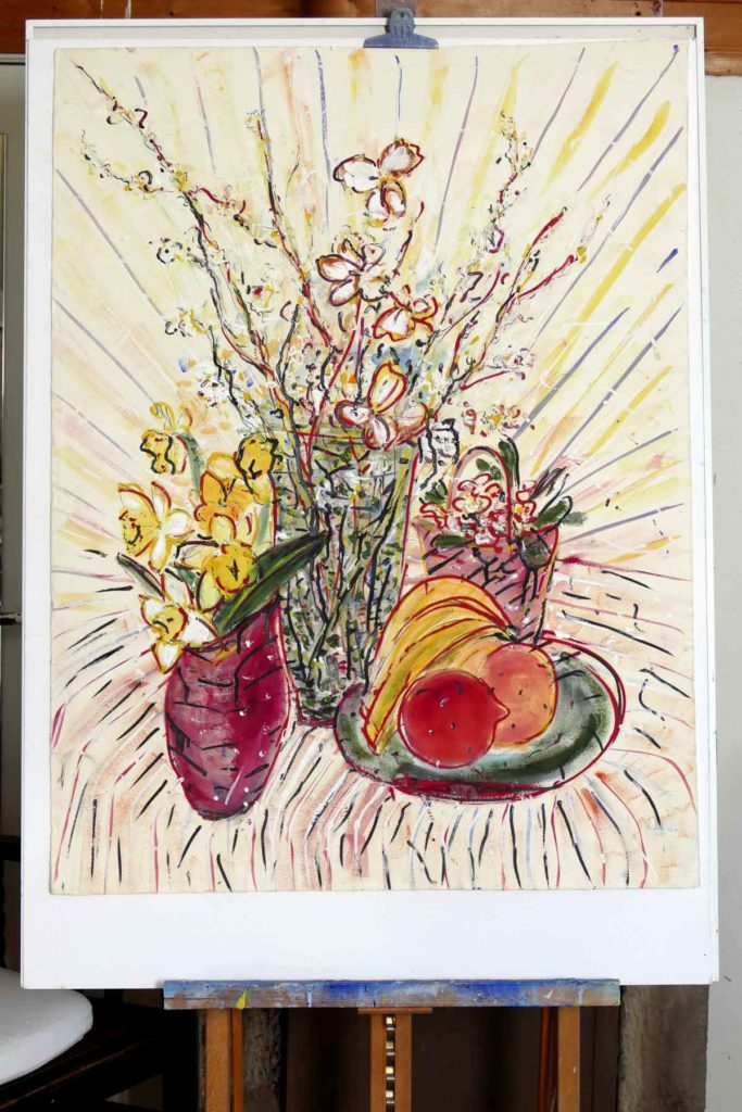 Stilleben: Aquarellfarbe wie Ölfarbe angewandt, Narzissen, Kirschblüte, Primeln, Äpfel, Bananen